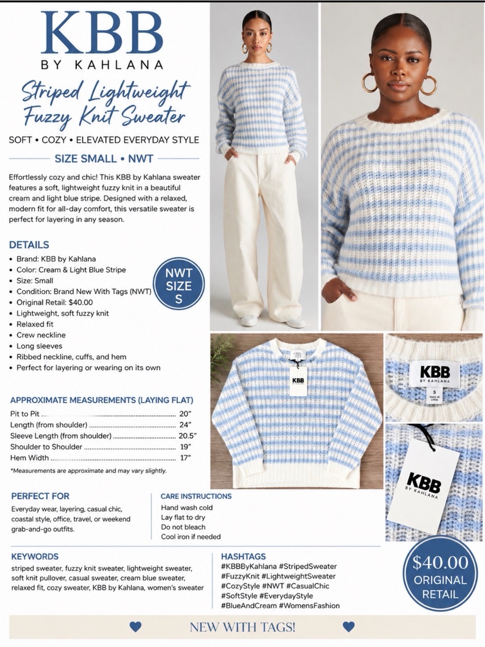 KBB by Kahlana Striped Lightweight Fuzzy Knit Sweater | NWT a tee| Size Small |